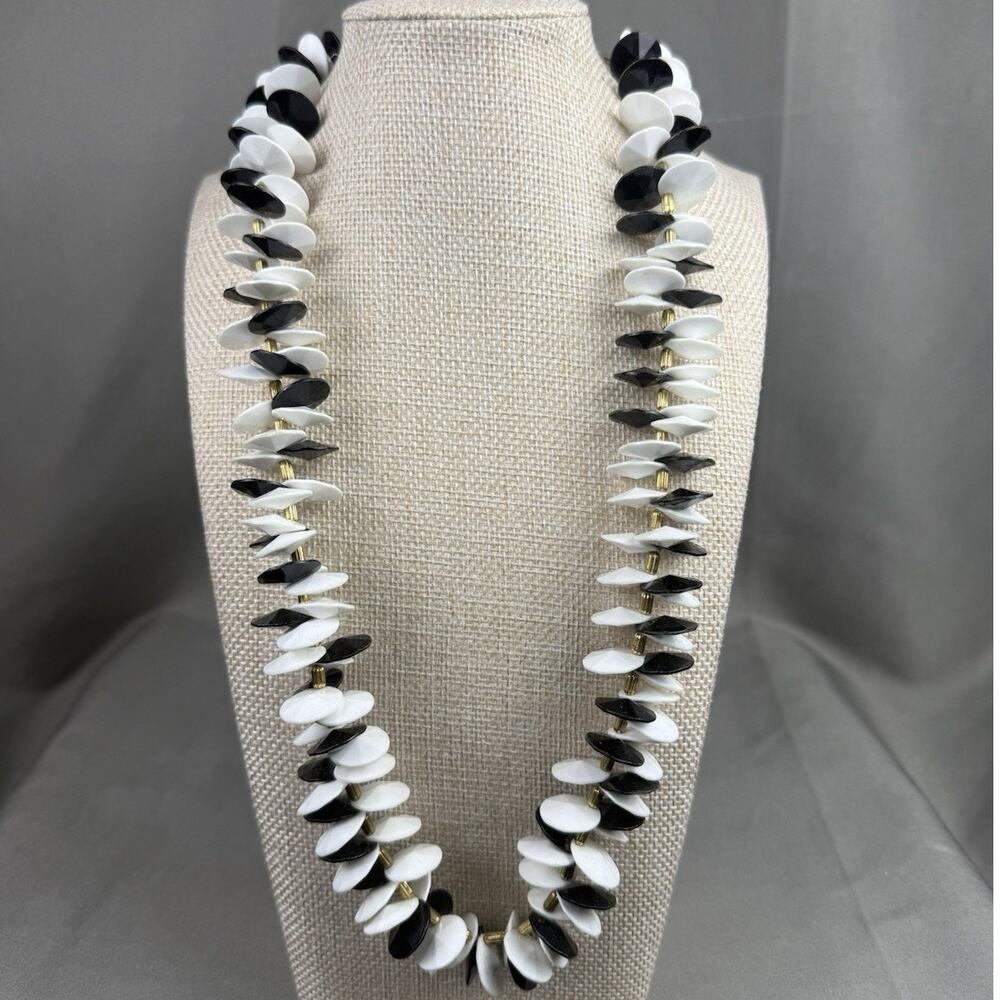 Vintage Retro MOD Blake & White Cluster Disc Bead Necklace With Gold Accents